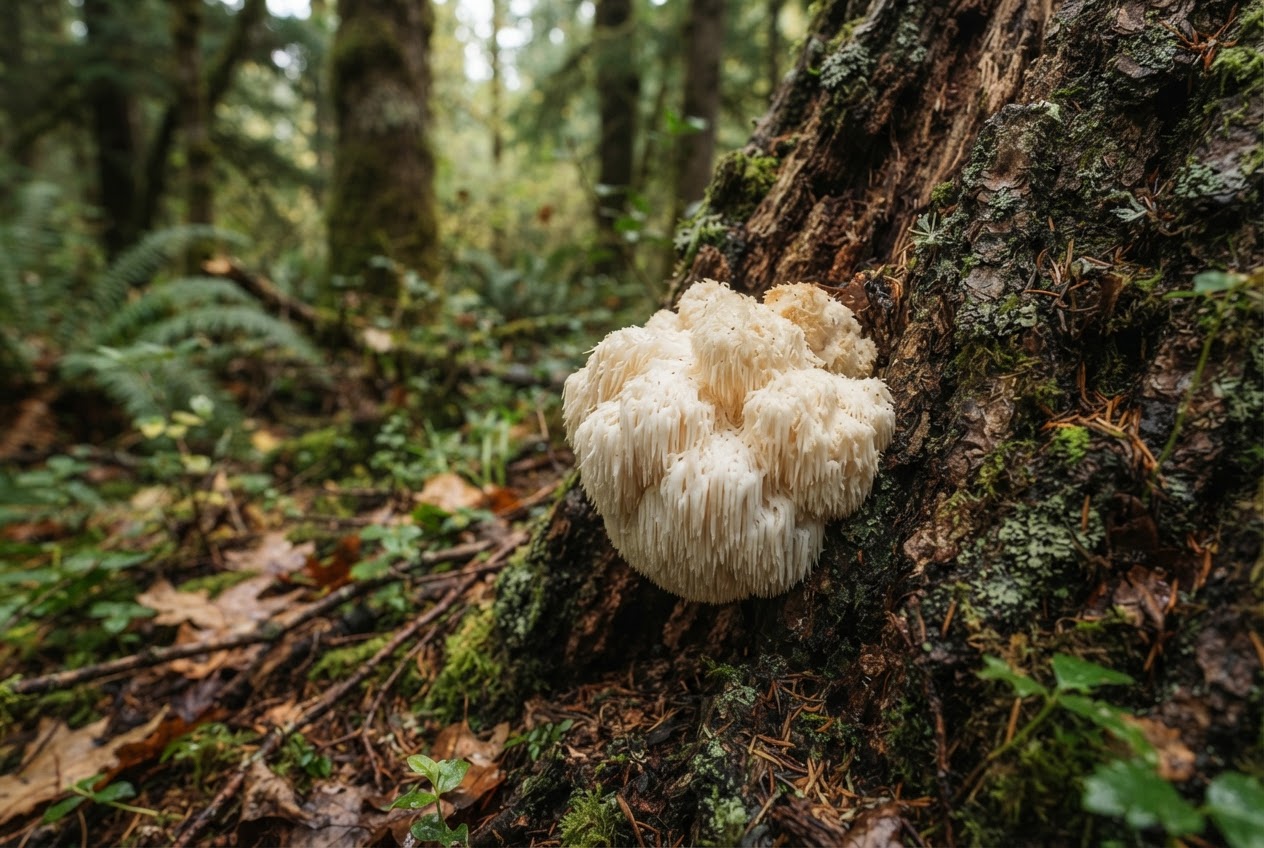 Hongo Melena de León creciendo en el tronco de un árbol