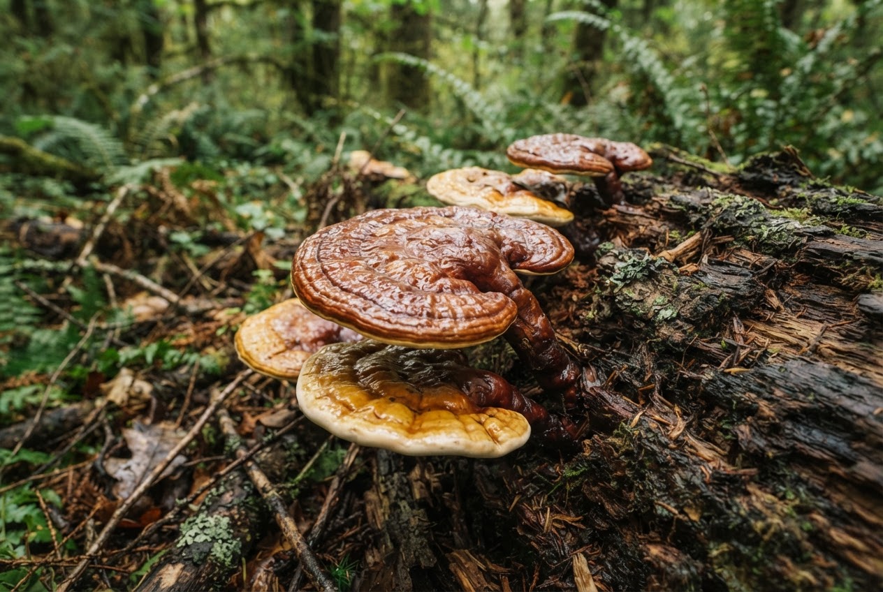 Hongo reishi creciendo en un entorno natural rodeado de musgo y vegetación